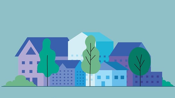 Illustrasjonsbilde av stilliserte bygninger for Boliglånsundersøkelsen 2024.