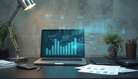 Illustrasjonsbilde av et kontor med et arbeidsbord, PC og diverse diagrammer.