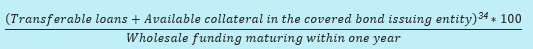 (Transferable loans + Available collateral in the covered bond issuing entity) &times; 100 / Wholesale funding maturing within one year